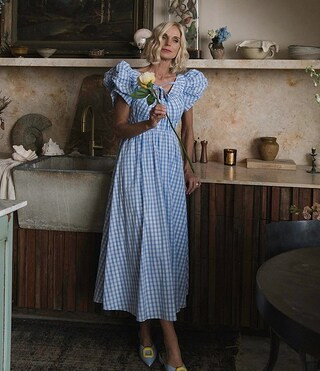 x Jennifer Sumko Catherine Gingham Tie Neck Puff Sleeve Taffeta A-Line Midi Dress | Dillard's