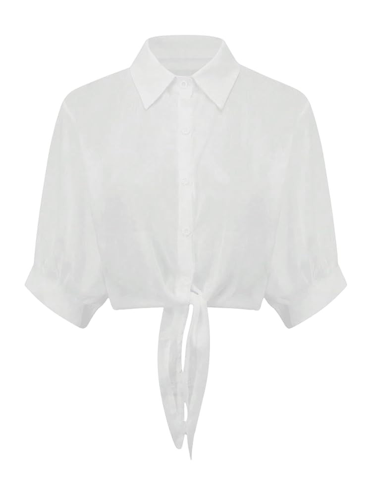 OYOANGLE Women's Puff Short Sleeve Button Down Tie Knot Blouse Collared Crop Shirt Top | Amazon (US)