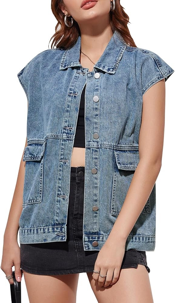 Imily Bela Womens Denim Vest Top Button Down Cap Sleeve Loose Fit Jean Jacket with Pockets | Amazon (US)