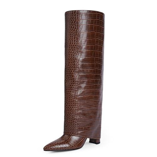 Modatope Womens Brown Crocodile Boots Brown Fold Over Knee High Boots Chunky Heel Pointed Toe Boots Tall Block Long Boot Size 10 | Amazon (US)