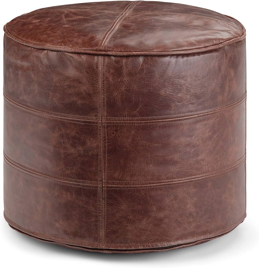 SIMPLIHOME Connor Round Pouf, Footstool, Upholstered in Distressed Brown Leather, for the Living ... | Amazon (US)