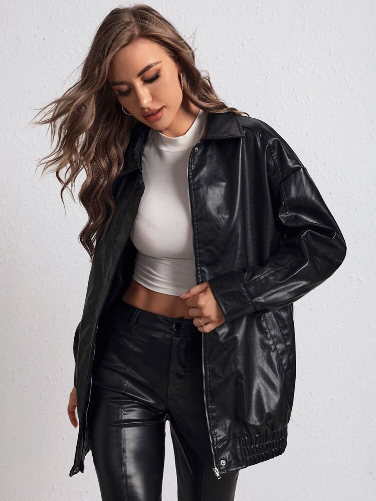 SHEIN Drop Shoulder Zipper PU Leather Coat | SHEIN