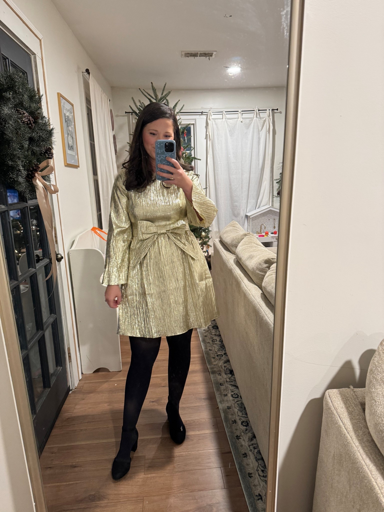 Holiday party outfit. Gold dress. Tuckernuck 