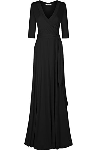 Bon Rosy Women's 3/4 Sleeve V-Neck Solid Maxi Wrap Dress Black S | Amazon (US)