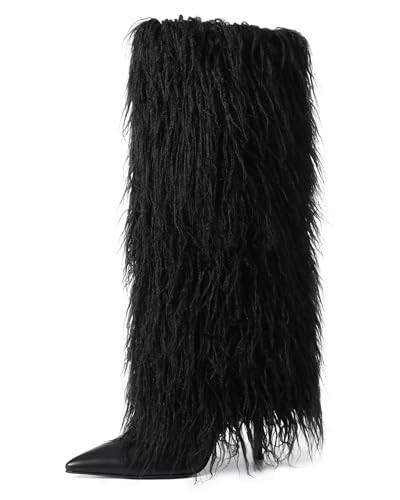 INSMIA Black Fur Boots for Womens 2025 Knee High Fold Over Tall Boot Wide Calf Pointed Toe Stiletto High Heel Fall Winter Boots for Wedding Size 9 | Amazon (US)
