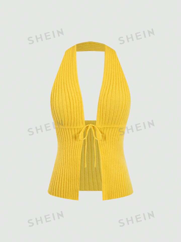 SHEIN Sweetro Yellow Halter Neck Ribbed Knit Top | SHEIN