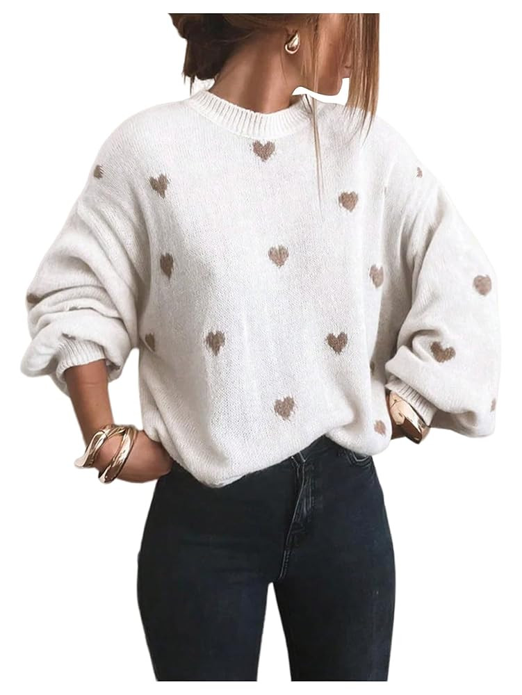 Verdusa Women's Heart Print Crew Neck Sweater Tops Long Sleeve Loose Holiday Knit Pullovers | Amazon (US)