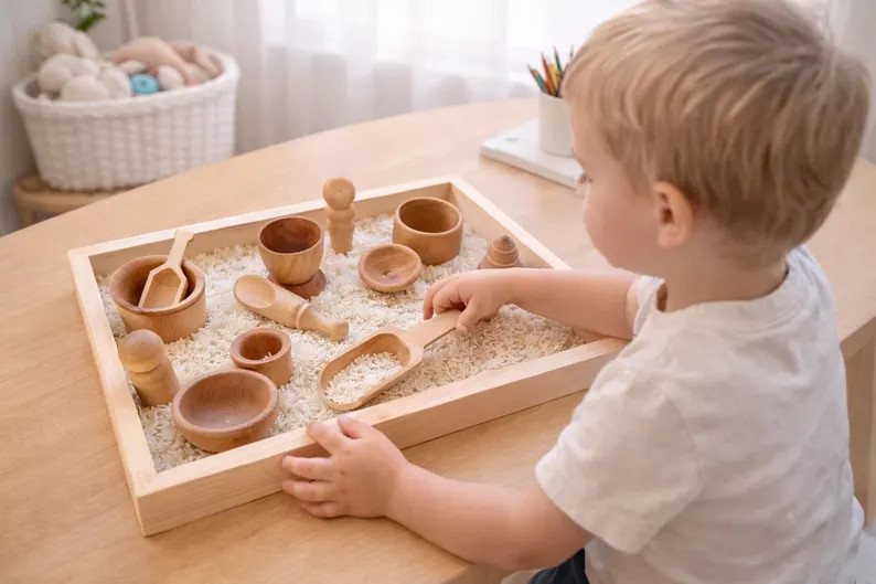 Montessori Wooden Sensory Bin Tools, 14-Piece Play Set with Scoops, Bowls, Peg People | Etsy (Global)