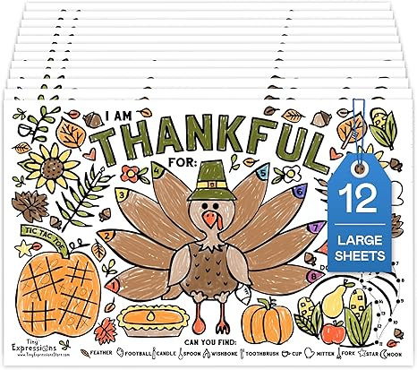 Tiny Expressions - Thanksgiving Coloring Placemats for Kids - Set of 12 Paper Placemats to Color,... | Amazon (US)