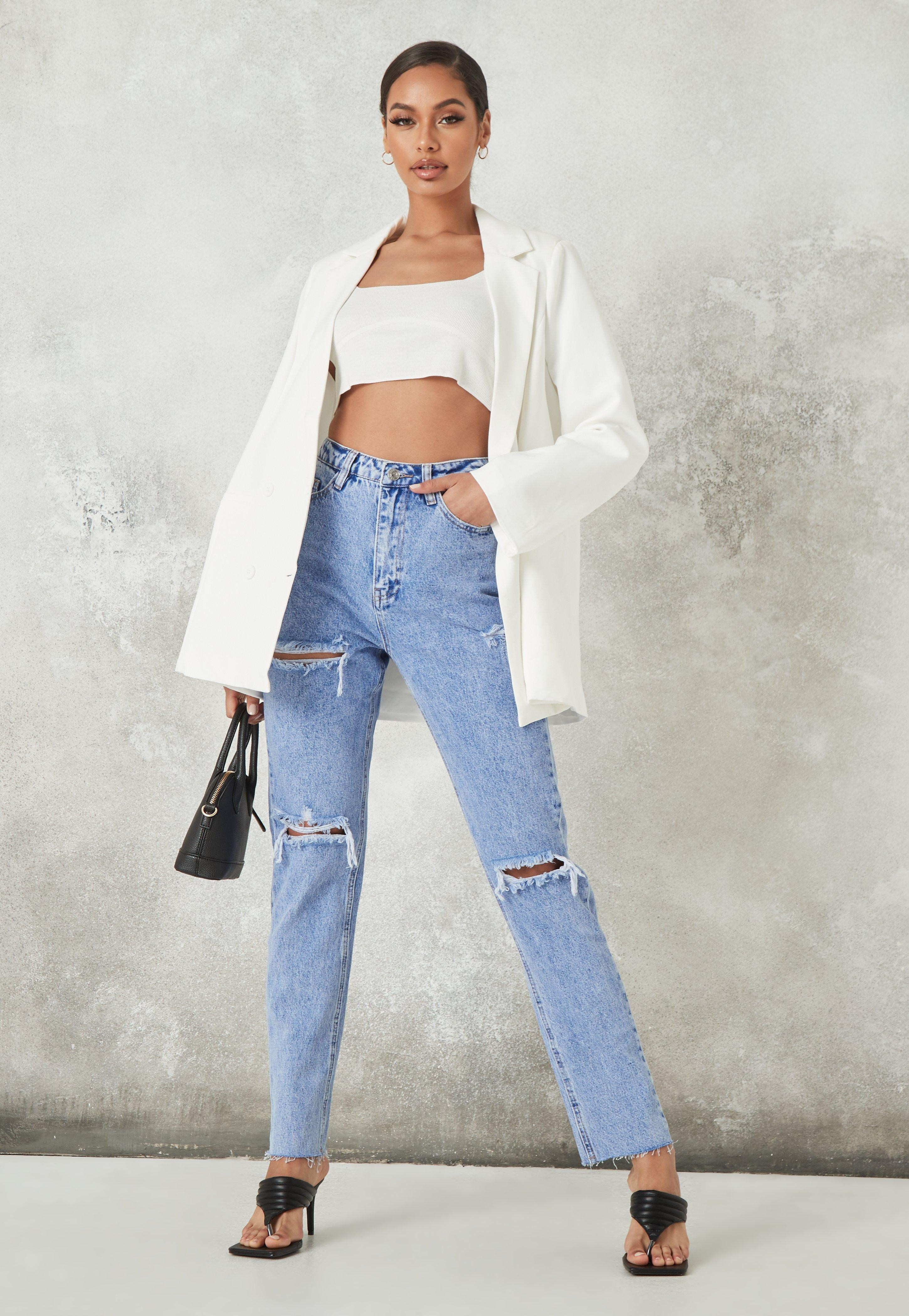 Missguided - Light Blue Wrath Highwaisted Slash Distressed Straight Leg Jeans | Missguided (US & CA)