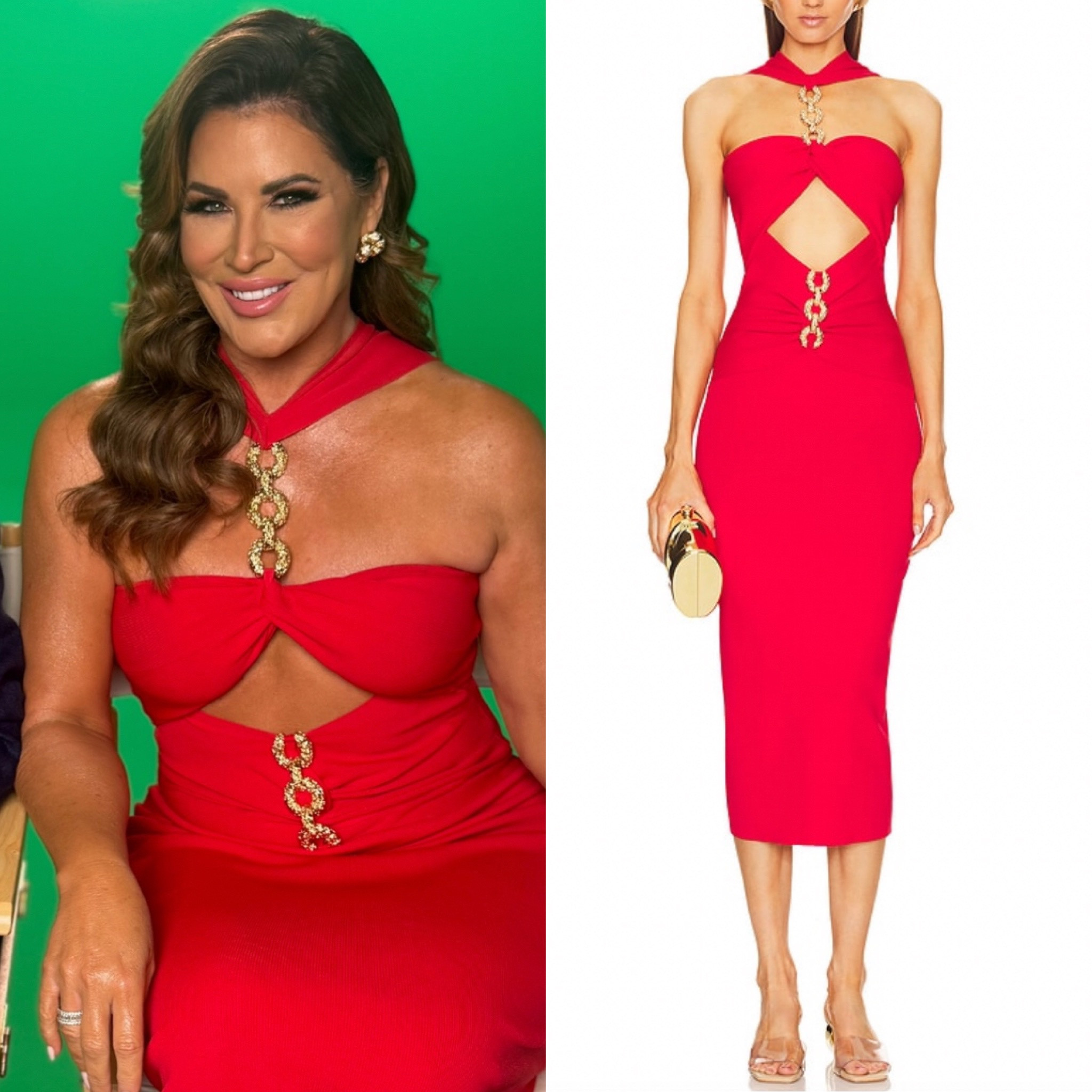 Emily Simpson’s Red and Gold Cutout Confessional Look 📸= @rhoc_emilysimpson