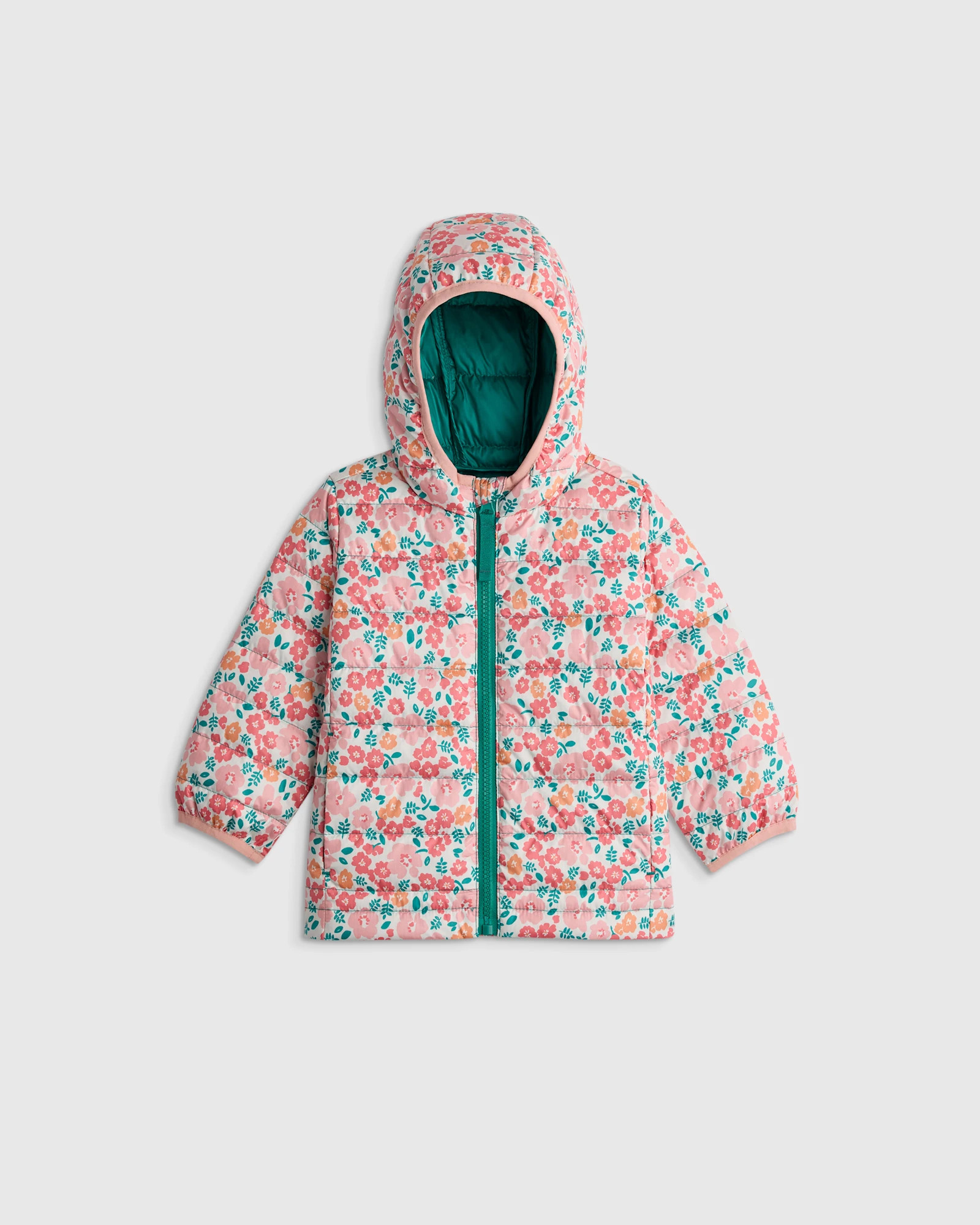 Quince | Lightweight Down Hooded Puffer Jacket in Pink/Green Floral, Size 12-18M, Recycled Polyester | Quince