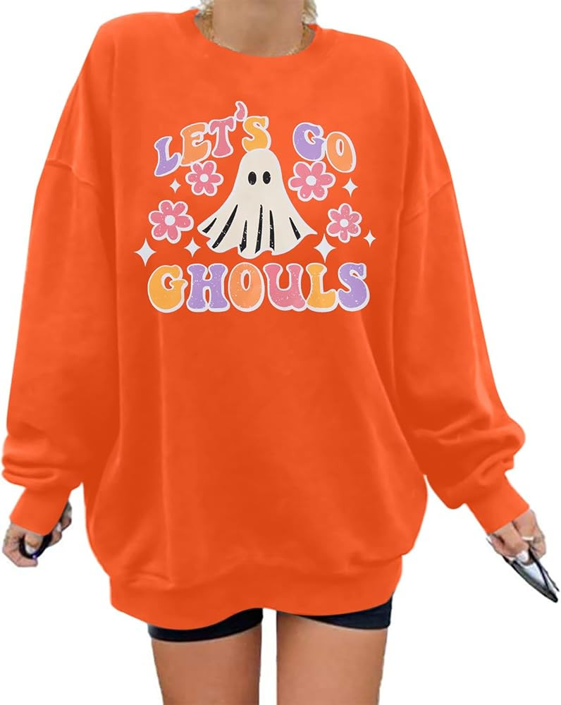 VILOVE Womens Halloween Ghost Sweatshirt: Oversized Sequin Spooky Graphic Shirts Long Sleeve Crew... | Amazon (US)