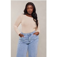 Plus Body beige en mesh dévoré à col ras et manches longues, Beige | PrettyLittleThing (FR)