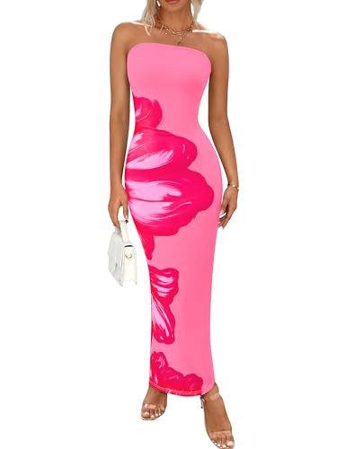 PRETTYGARDEN Women Summer Strapless Maxi Dress Bodycon Floral Sexy Long Wedding Guest Dress Forma... | Amazon (US)