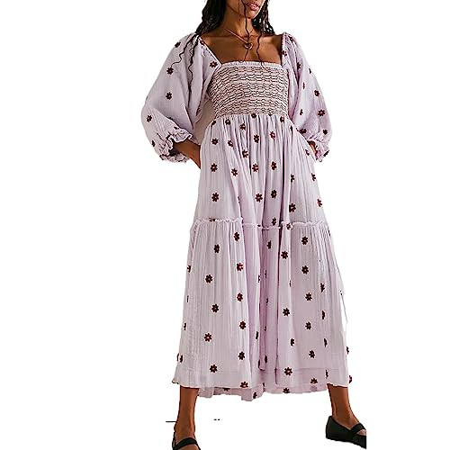 Chloefairy Women's Flower Embroidered Maxi Dress Lantern Sleeve Square Neck Tiered Flowy Spring Fall Dress (as1, Alpha, s, Regular, Regular, Purple) | Amazon (US)