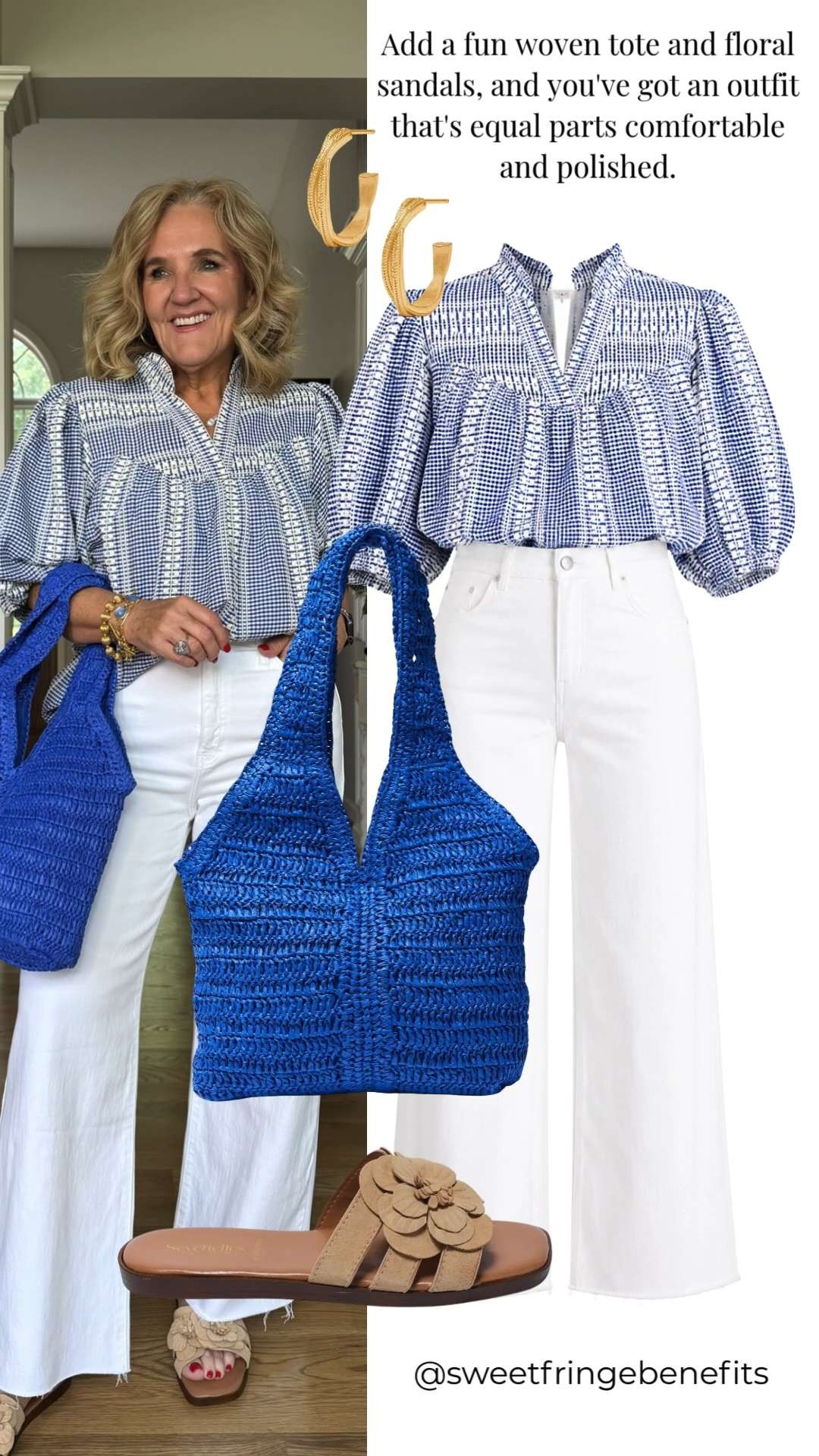 This printed blouse brings all the personality, while the white wide-leg denim keeps the look fresh, crisp, and perfect for summer. Add a fun woven tote and floral sandals, and you've got an outfit that's equal parts comfortable and polished. 🫶🏻 

 #LTKootd #LTKSeasonal #LTKOver40