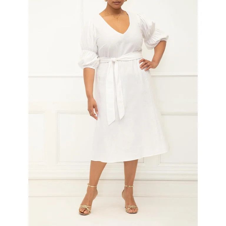 ELOQUII Elements Women's Plus Fit and Flare Dress with Puff Sleeves - Walmart.com | Walmart (US)