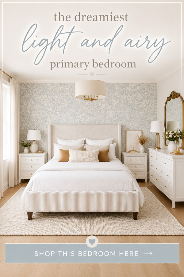 Create the bedroom of your dreams with this light and airy primary bedroom featuring soft neutral decor, elegant furnitu