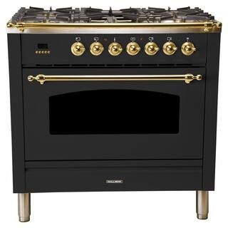 Hallman 36 in. 3.55 cu. ft. Single Oven Dual Fuel Italian Range True Convection, 5 Burners, Brass... | The Home Depot