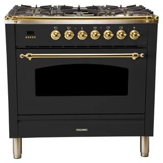 36 in. 3.55 cu. ft. Single Oven Dual Fuel Italian Range True Convection, 5 Burners, Brass Trim in... | The Home Depot
