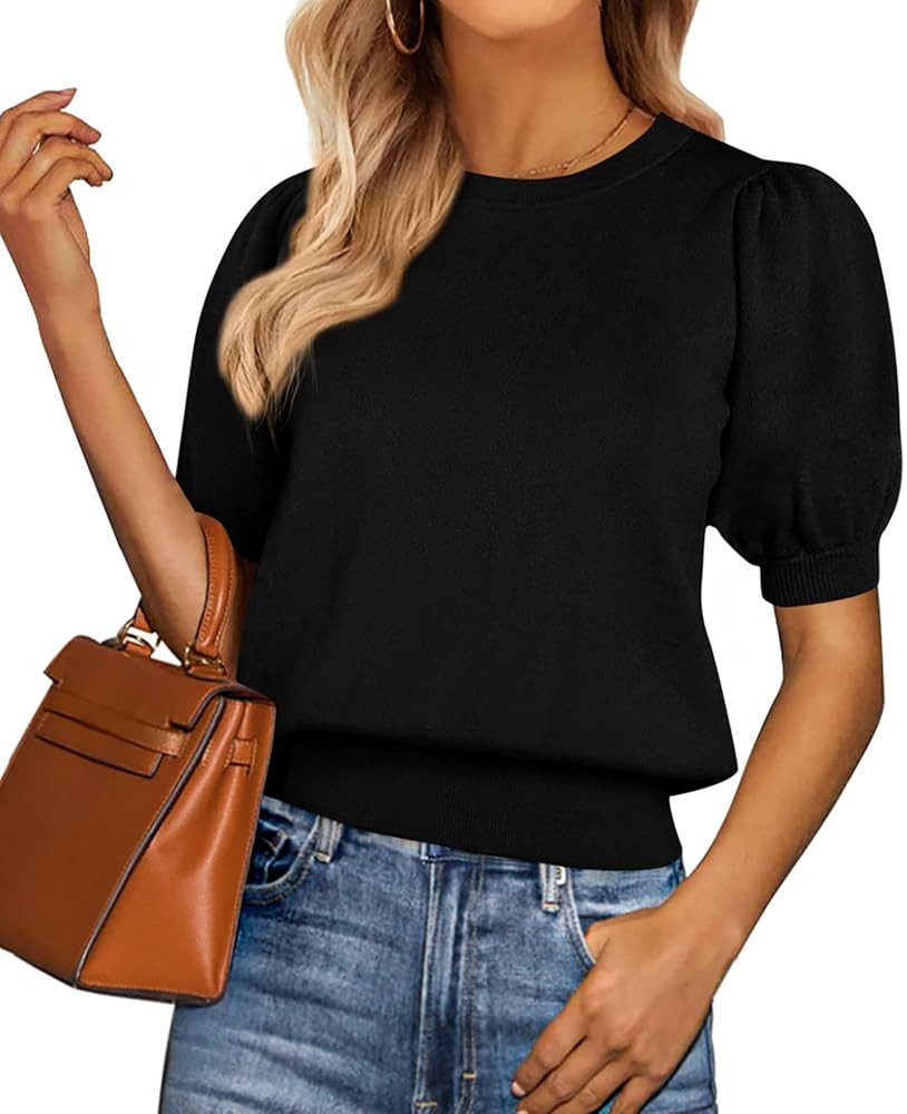 PRETTYGARDEN Womens Tops Spring 2026 Summer Puff Short Sleeve Sweater Crewneck Knit Work Blouses ... | Amazon (US)