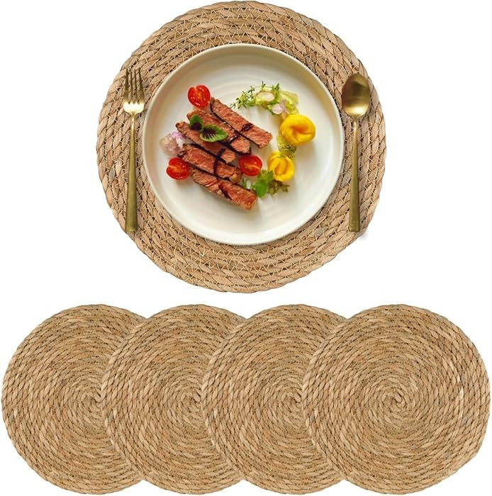 15 inch Round Woven Placemats Set of 4, Boho Rattan Natural Hand-Woven Water Hyacinth Placemats, ... | Amazon (US)