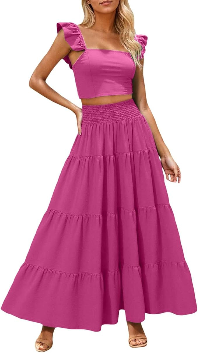 JiXiang Maxi Skirt Sets Women 2 Piece Outfits Ruffle Sleeve Crop Tank Top and High Waist Tiered S... | Amazon (US)