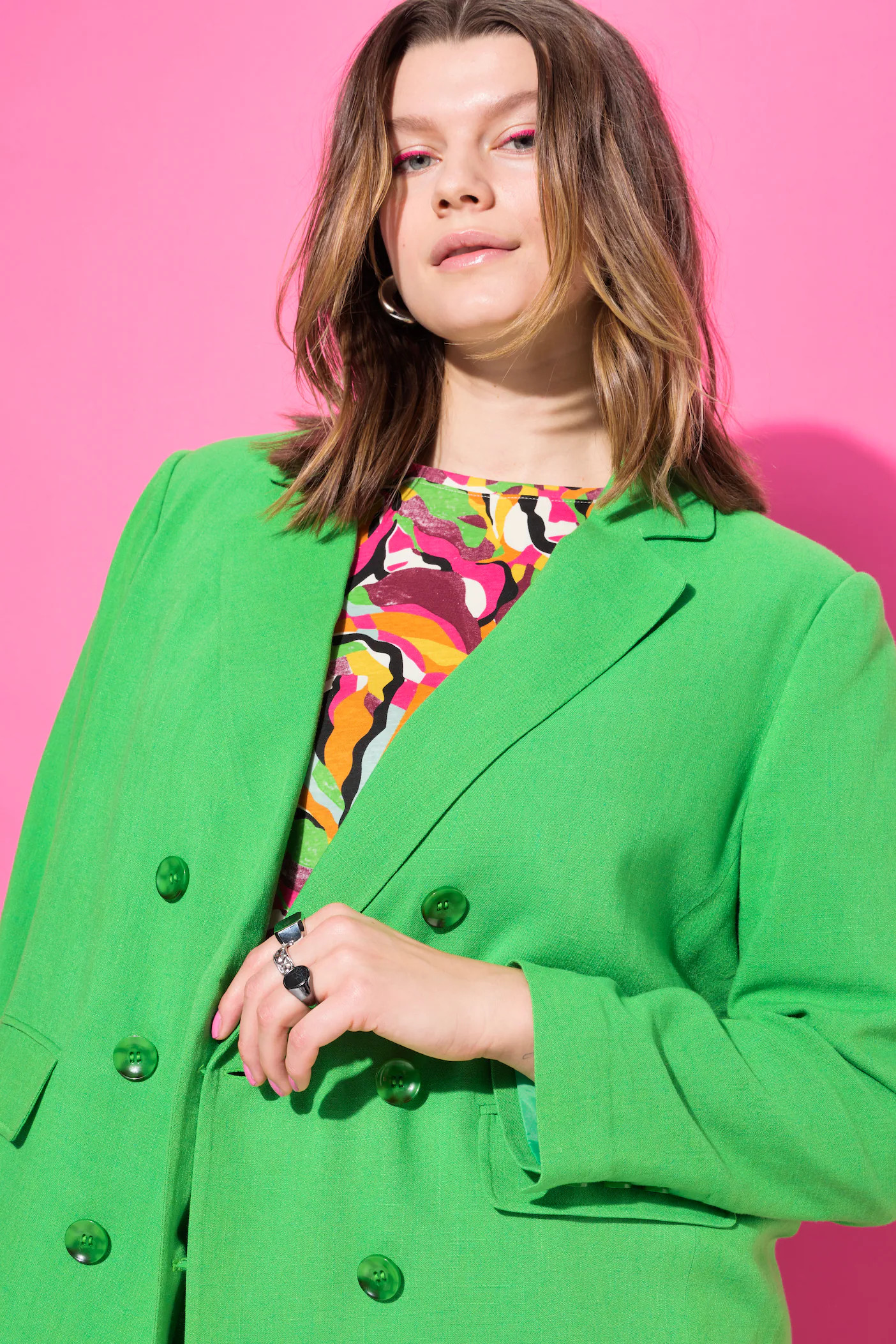 Linen Blend Double Breasted Blazer, grass green | Ulla Popken | Ulla Popken - US