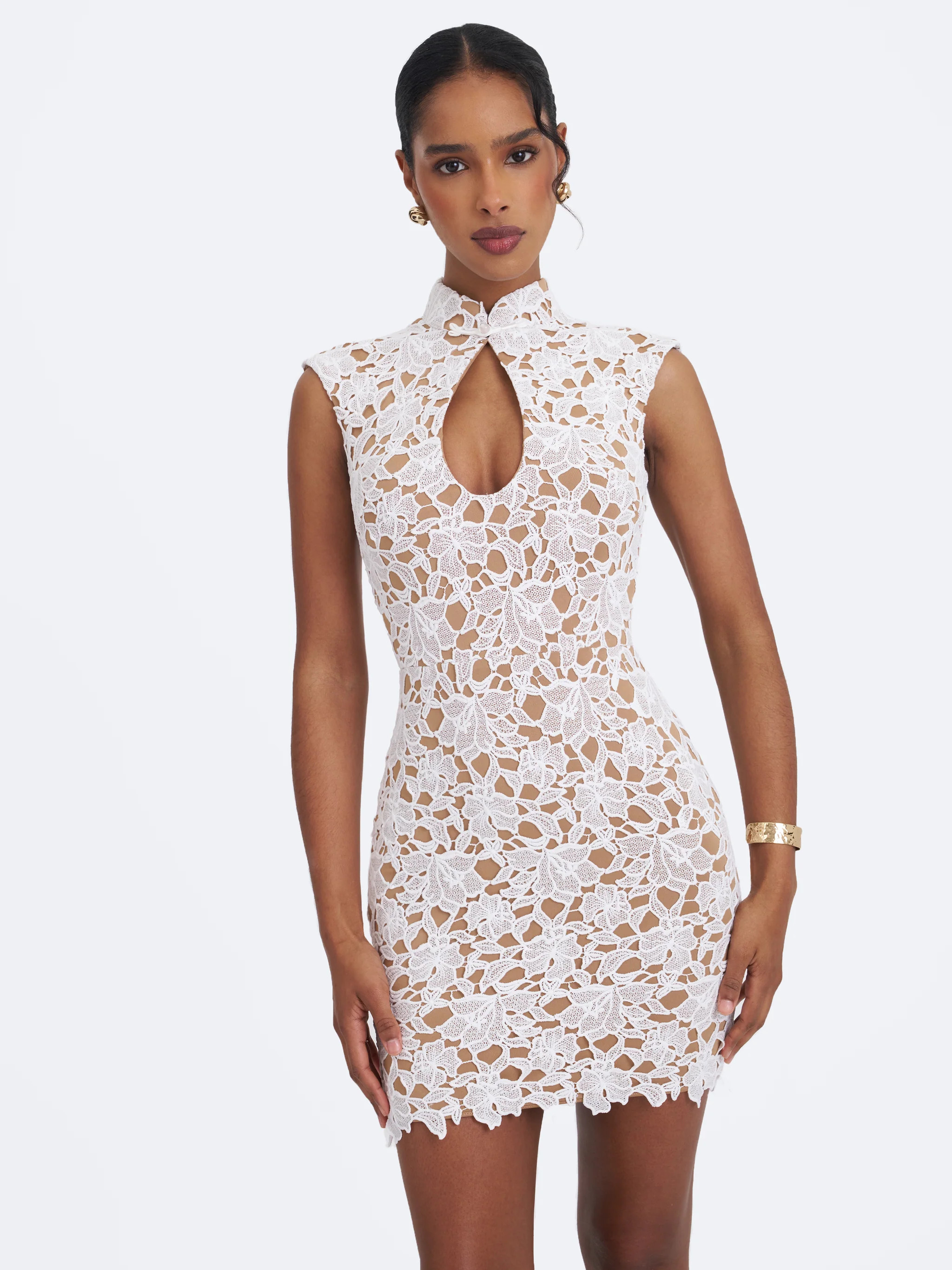 Quinley White Cotton Lace Teardrop Neckline Mini Dress | Miss Circle