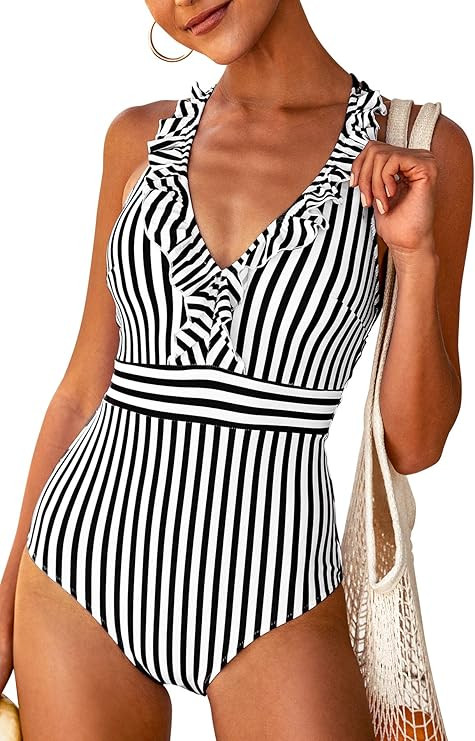 CUPSHE Women's V Neck One Piece Swimsuit Ruffled Back Cross Swimwear | Amazon (US)