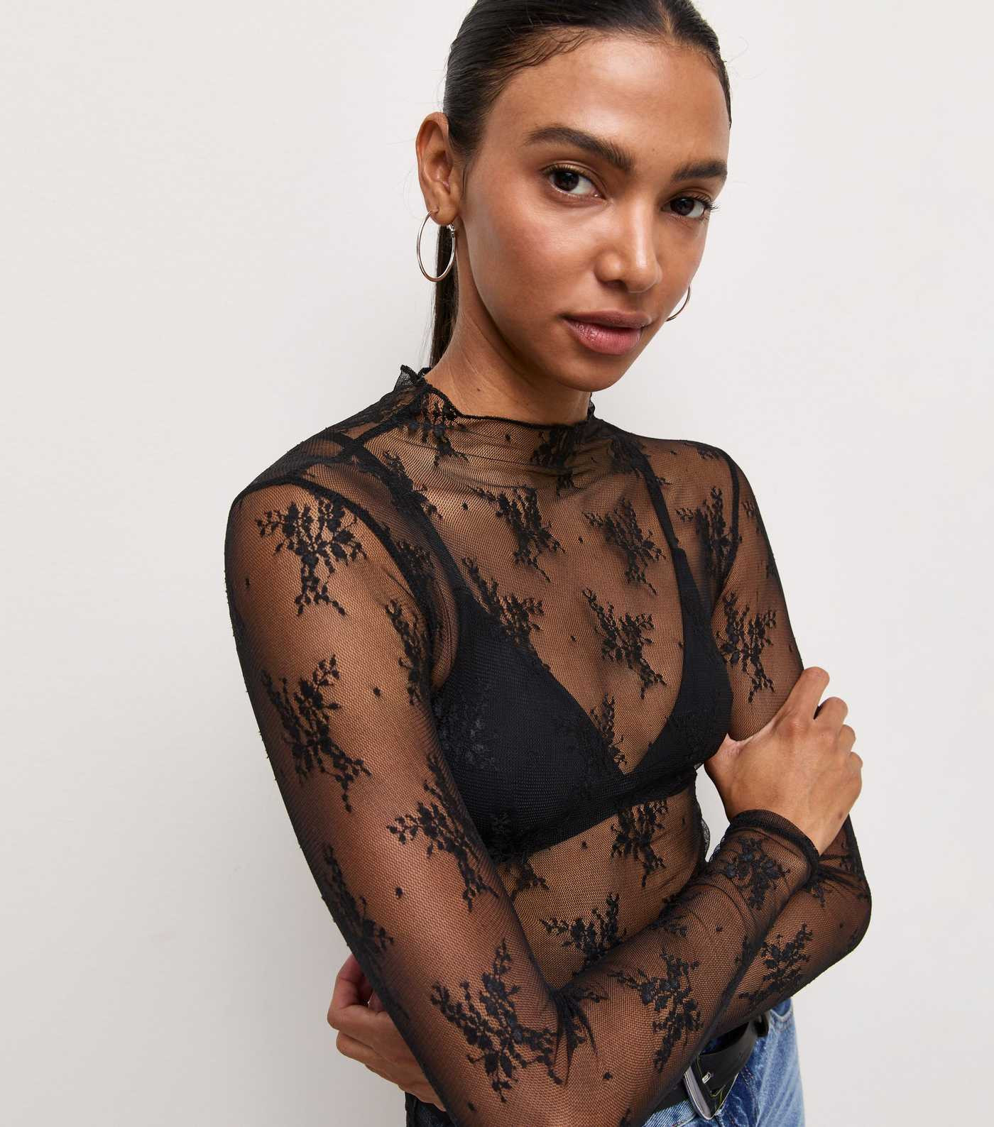 Black Sheer Floral Lace Long Sleeve Top | New Look | New Look (UK)
