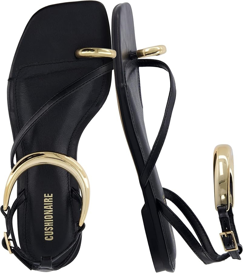 CUSHIONAIRE Secret Flat Sandals for Women with Gold Ankle Cuff and Toe Ring Strap, Vegan Leather ... | Amazon (US)