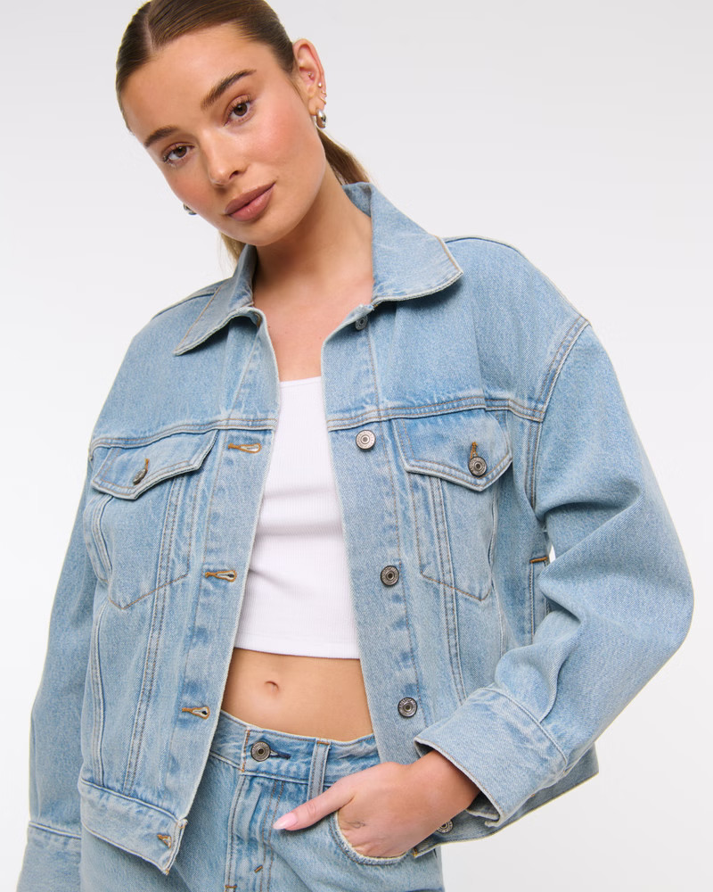 Women's Oversized Distressed Denim Trucker Jacket | Women's Coats & Jackets | Abercrombie.com | Abercrombie & Fitch (US)