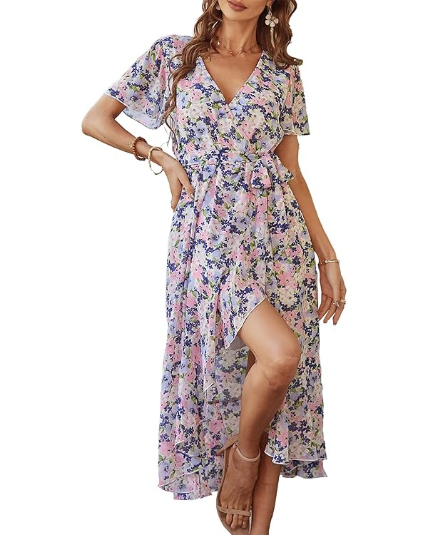 PRETTYGARDEN Women's 2024 Floral Boho Dress Wrap V Neck Short Sleeve Belted Ruffle Hem A-Line Flo... | Amazon (US)