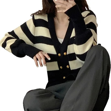 Noarlalf Cardigan Sweaters For Women Cardigan For Women Cardigan European And American Solid Color Mid Length Coarse Sweater Sweater Women Black One Size | Walmart (US)