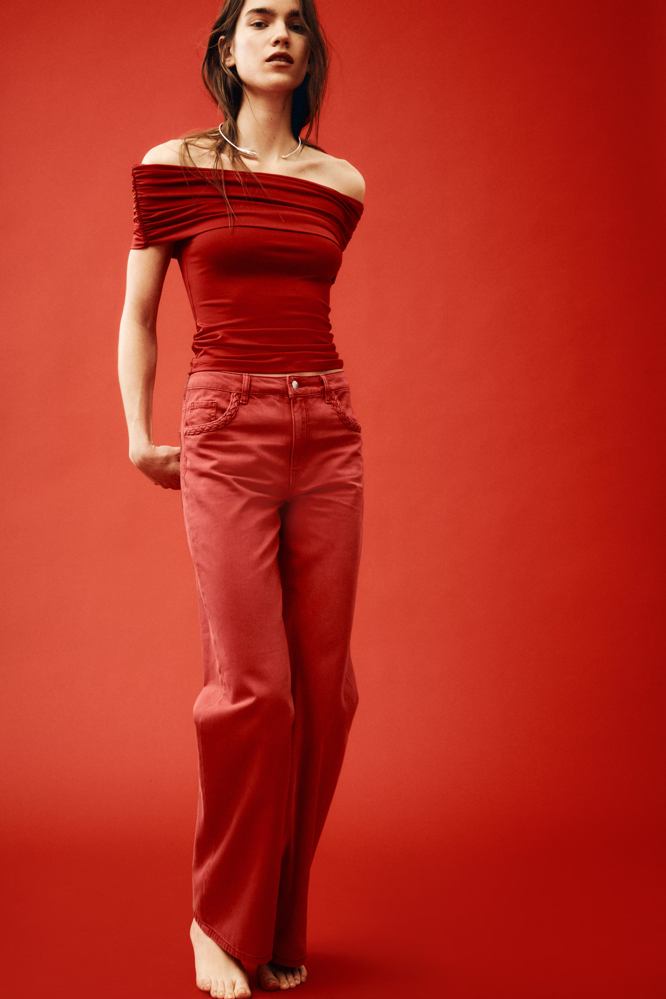 Gathered off-the-shoulder top - Red - Ladies | H&M US | H&M (US + CA)