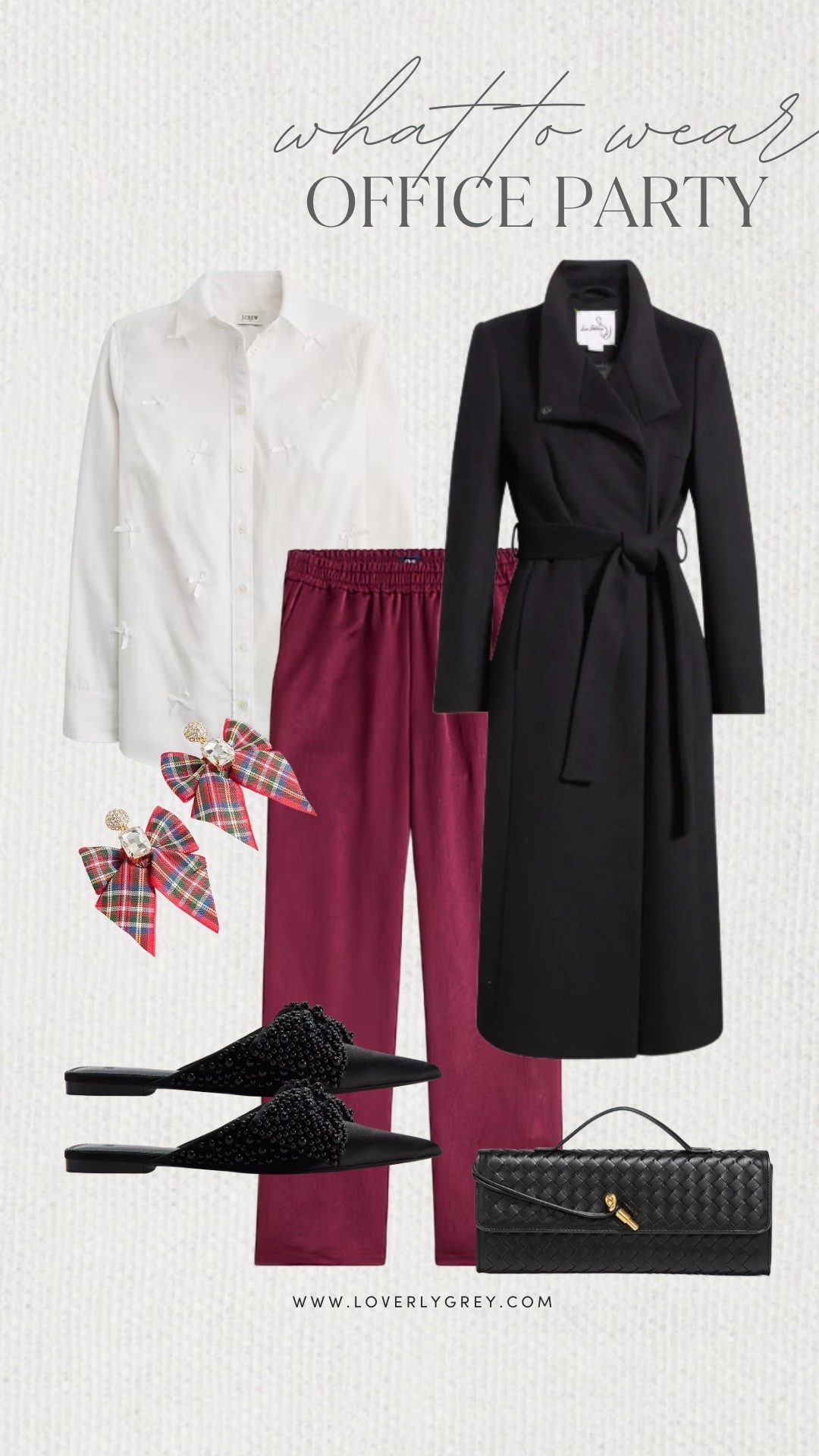 Loverly Grey, what to wear to a holiday office party! I am loving this embellished button down tucked into festive colored pants and layered underneath a black coat. I accessorized the look with embellished black flat, plaid bow earrings and a woven purse. Loverly Grey, what to wear, office party! 

#LTKStyleTip #LTKHoliday #LTKShoeCrush