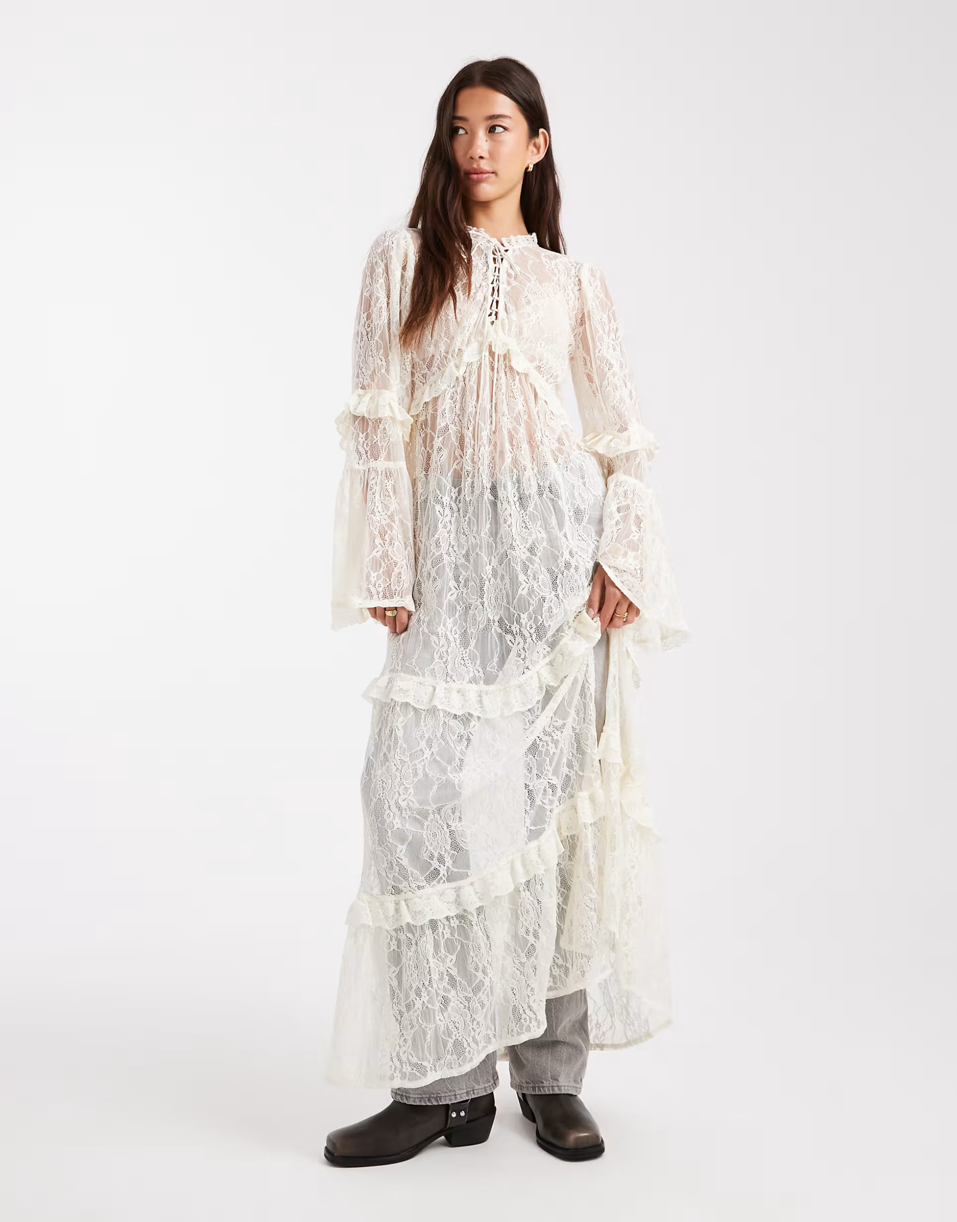 Miss Selfridge tiered lace maxi dress in ecru | ASOS (Global)