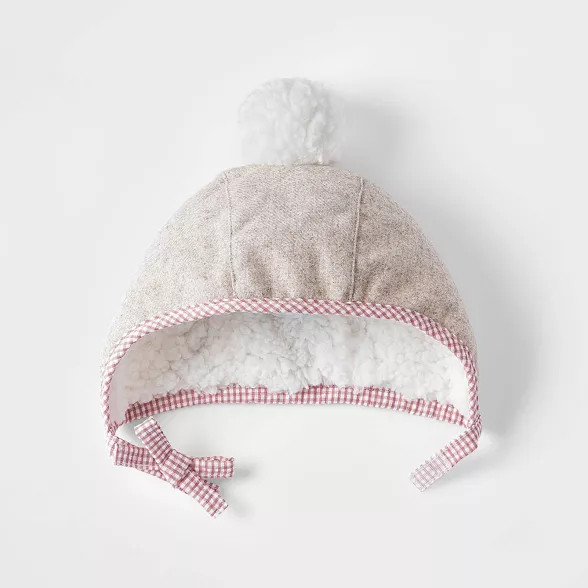 Toddler Girls' Gingham Sherpa Bonnet Hat - Cat & Jack™ Oatmeal Heather | Target