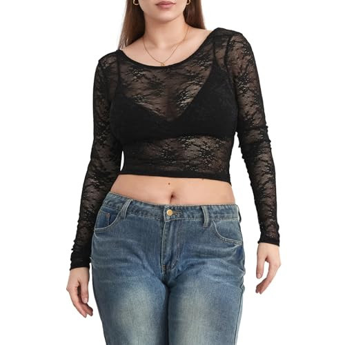 Women Y2K Lace Long Sleeve Top Sheer Mesh See Through Sexy Going Out Tops Black S | Amazon (US)