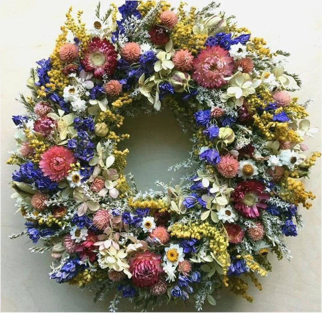 Dried FLOWER WREATH / Pink violet blue Summer Dried Flower Wreath, Spring Dried flower Wreath Nat... | Etsy (US)
