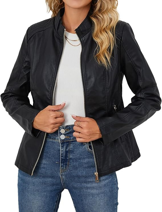 Bellivera Faux Leather Jacket Women Motorcycle Zipper Bomber PU Bike Coat with Pockets | Amazon (US)