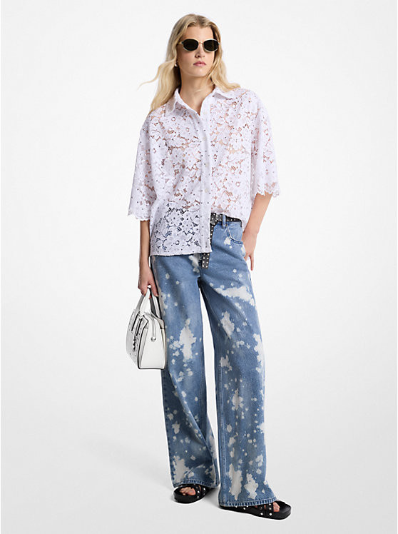 Hand-Splattered Bleach Denim Wide-Leg Jean | Michael Kors US
