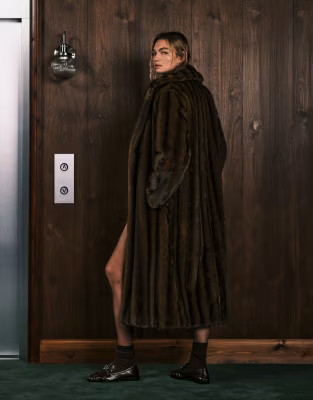 ASOS DESIGN vintage longline faux fur coat in brown | ASOS (Global)