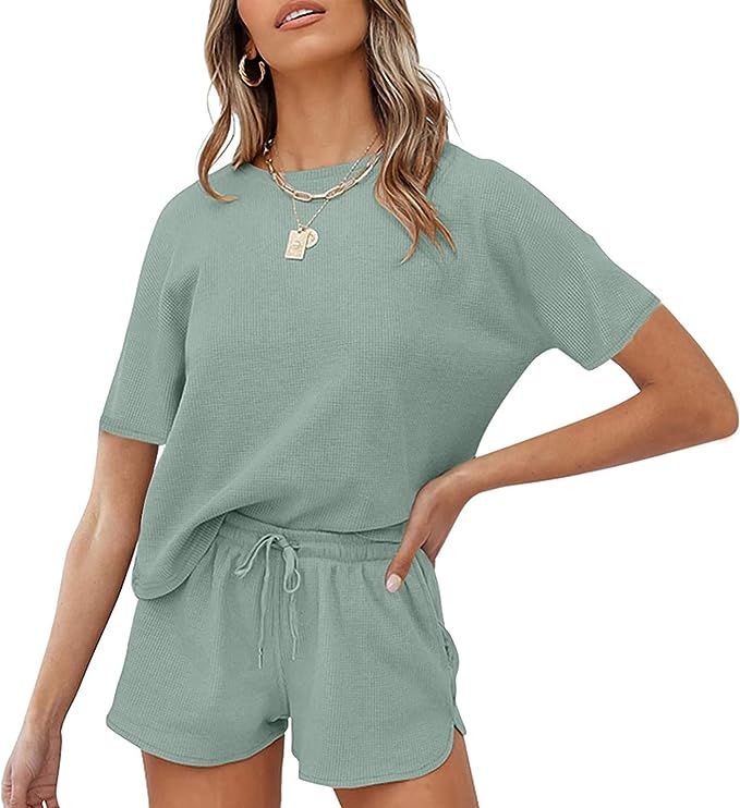MEROKEETY Women's Short Sleeve Waffle Pajama Sets Lounge Top and Shorts 2 Piece Tracksuit Outfits | Amazon (US)