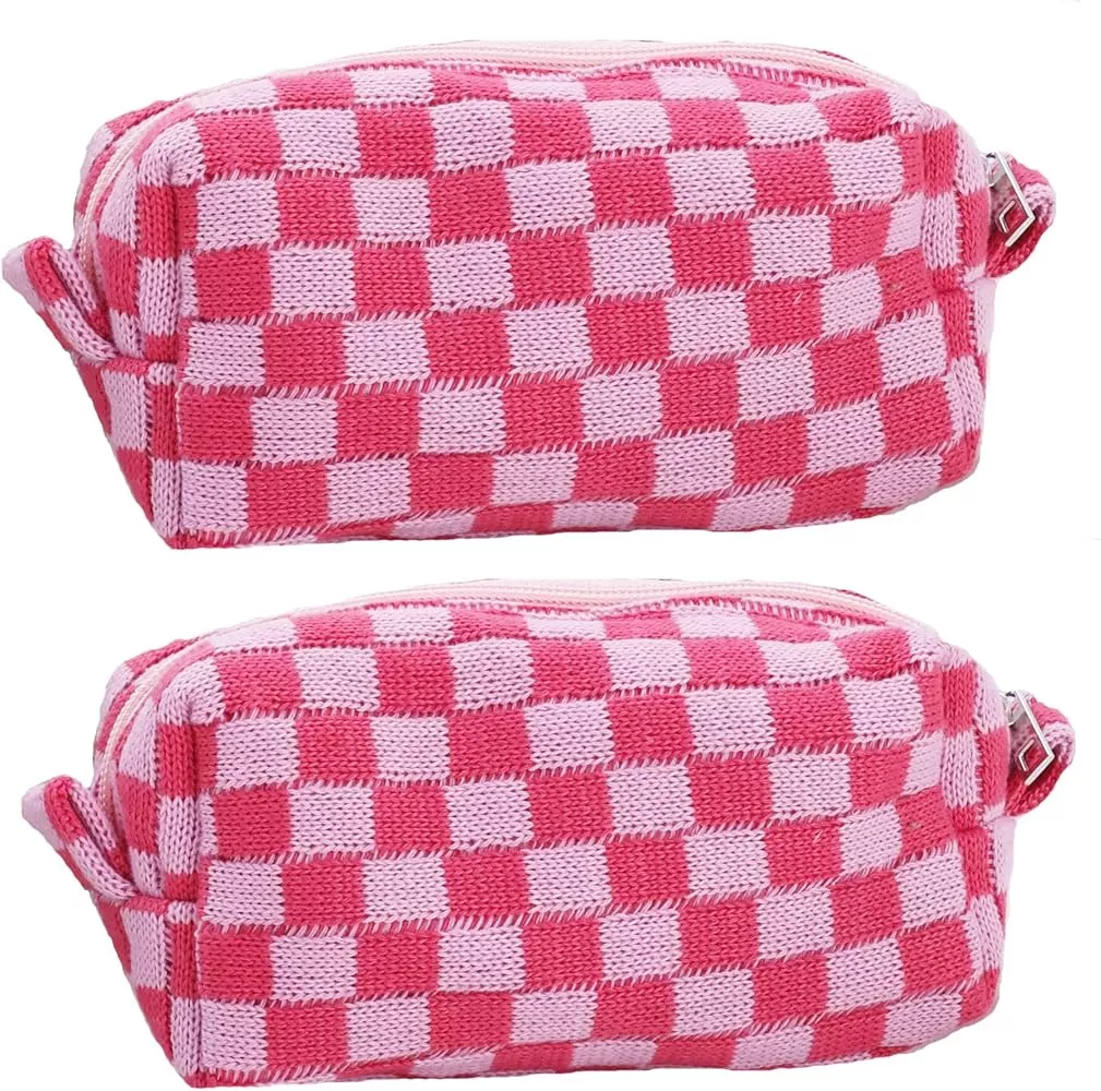 SOIDRAM 2 Pieces Makeup Bag Pouch Checkered Cosmetic Bag Pink Green, Travel  Toiletry Bag Organizer Cute Makeup Brushes Storage Bag for Women