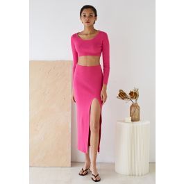 Knitted Crop Top and High Slit Maxi Skirt Set in Hot Pink | Chicwish