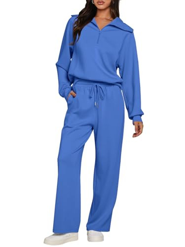 MEROKEETY Matching Sets for Women V Neck Collar Tops and High Waist Pants Track Suits with Pockets, Royal, L | Amazon (US)