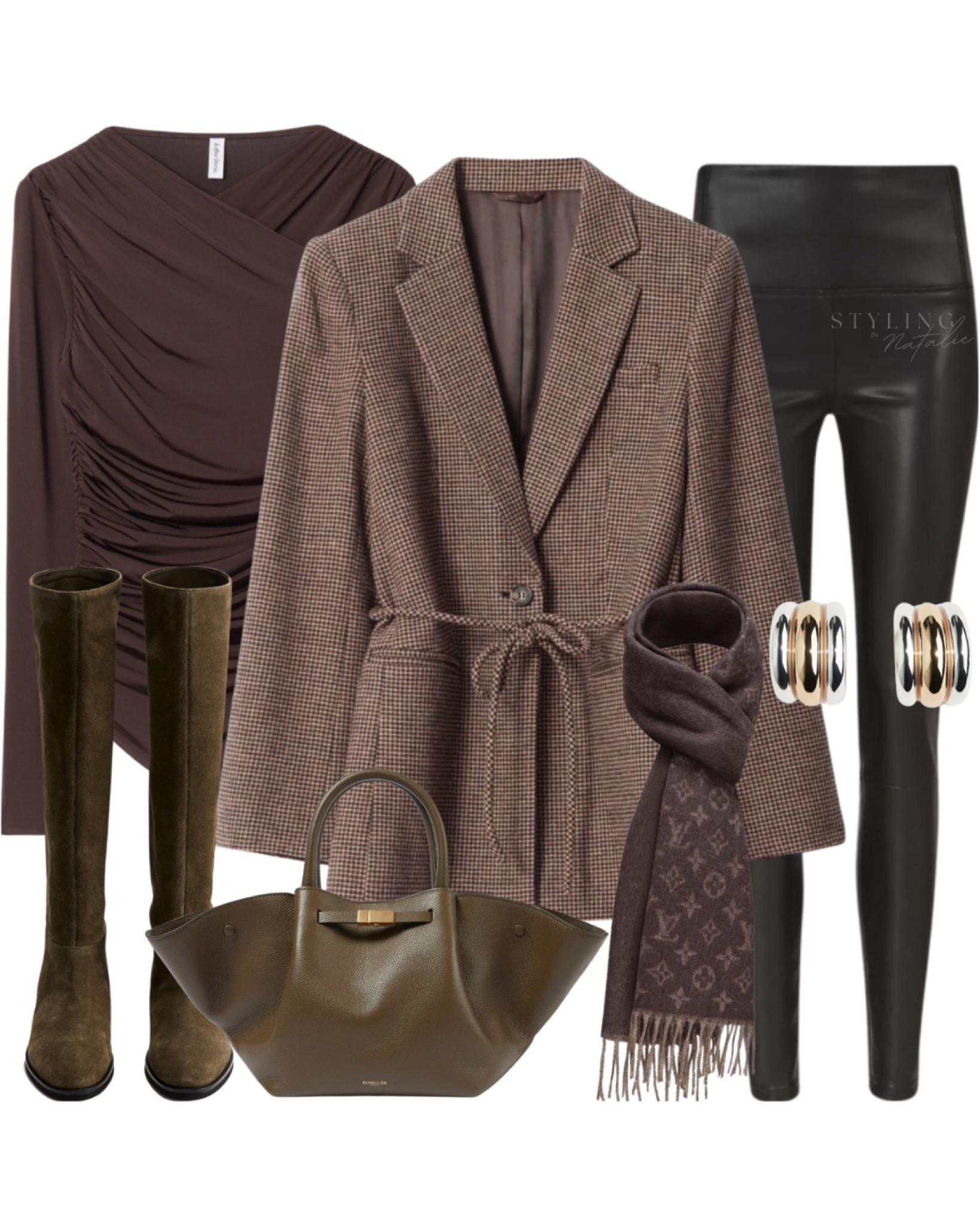 Blazer and leggings.
Tweed tie waist blazer, leather look leggings, brown knee high boots, designer scarf, Demellier tote bag and two tone earrings.
Casual winter outfit 

#LTKstyletip #LTKeurope #LTKwinter